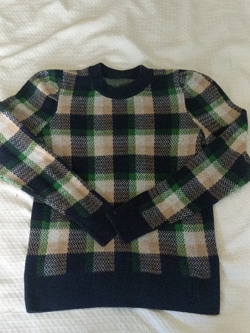 Ann Taylor Plaid Puff Sleeve Sweater Green Navy Knit XS Measurements - Picture 2 of 11